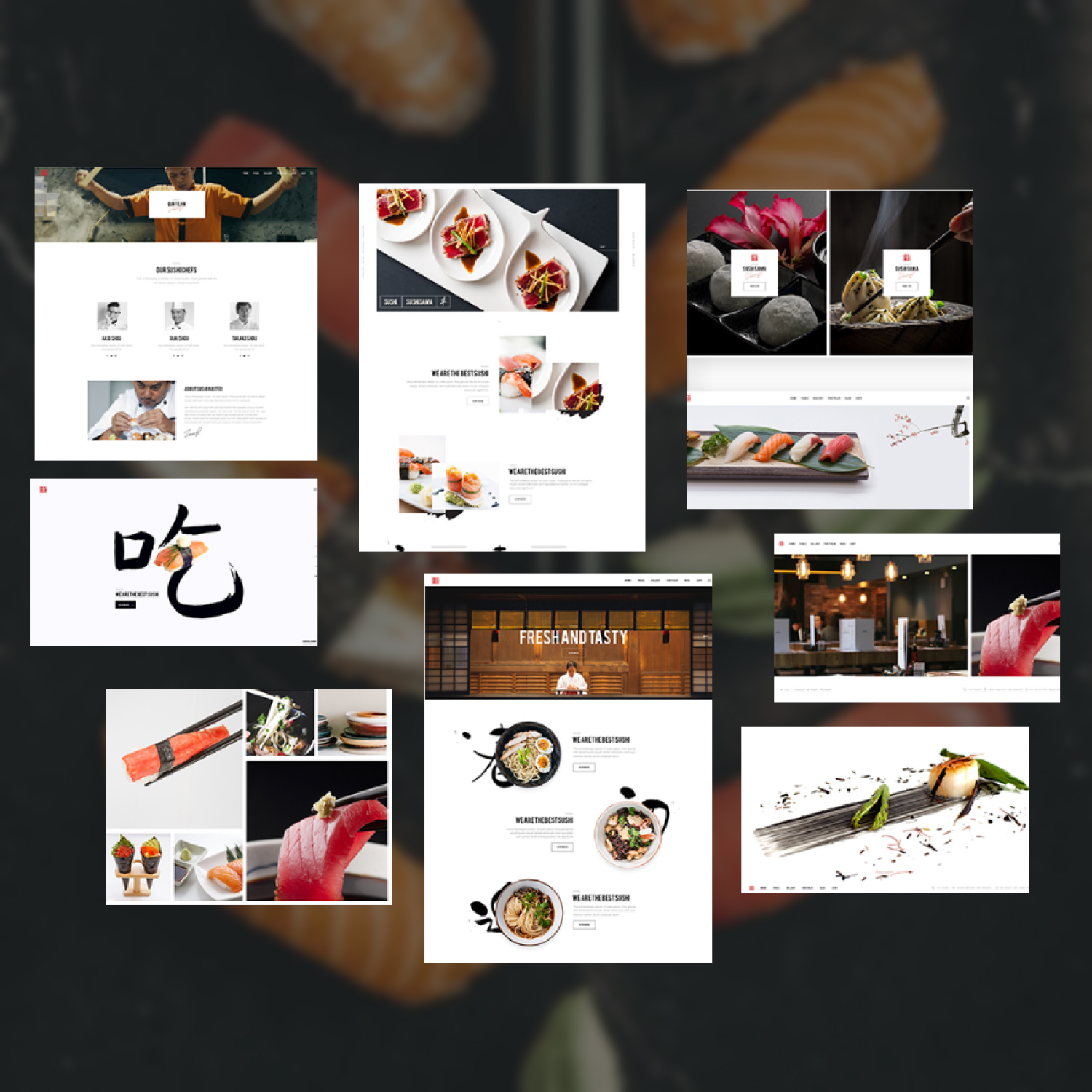 A Pack of Irresistible Japanese Restaurant WordPress Theme Page Images.