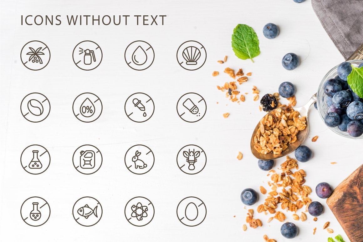 Icons without text set on the background of food.