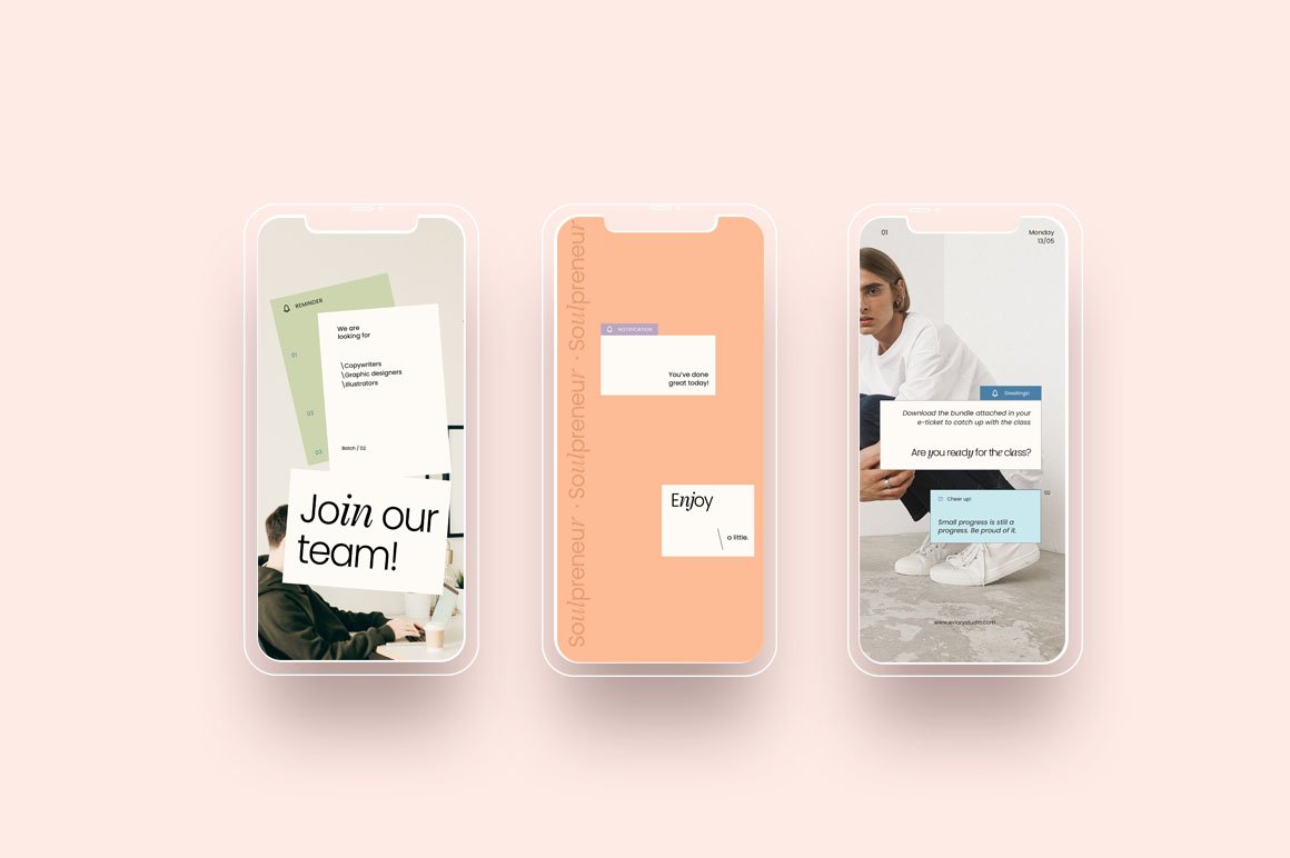 Notification infographics on the 3 iphone mockups on a pink background.