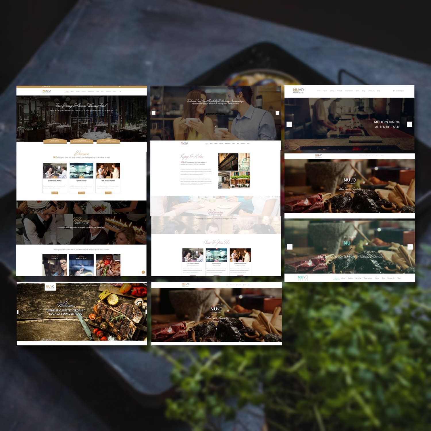 A set of gorgeous restaurant themed WordPress template pages.