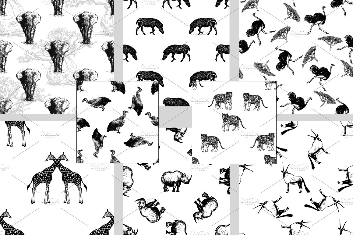 Collection of different seamless patterns of wild animals.