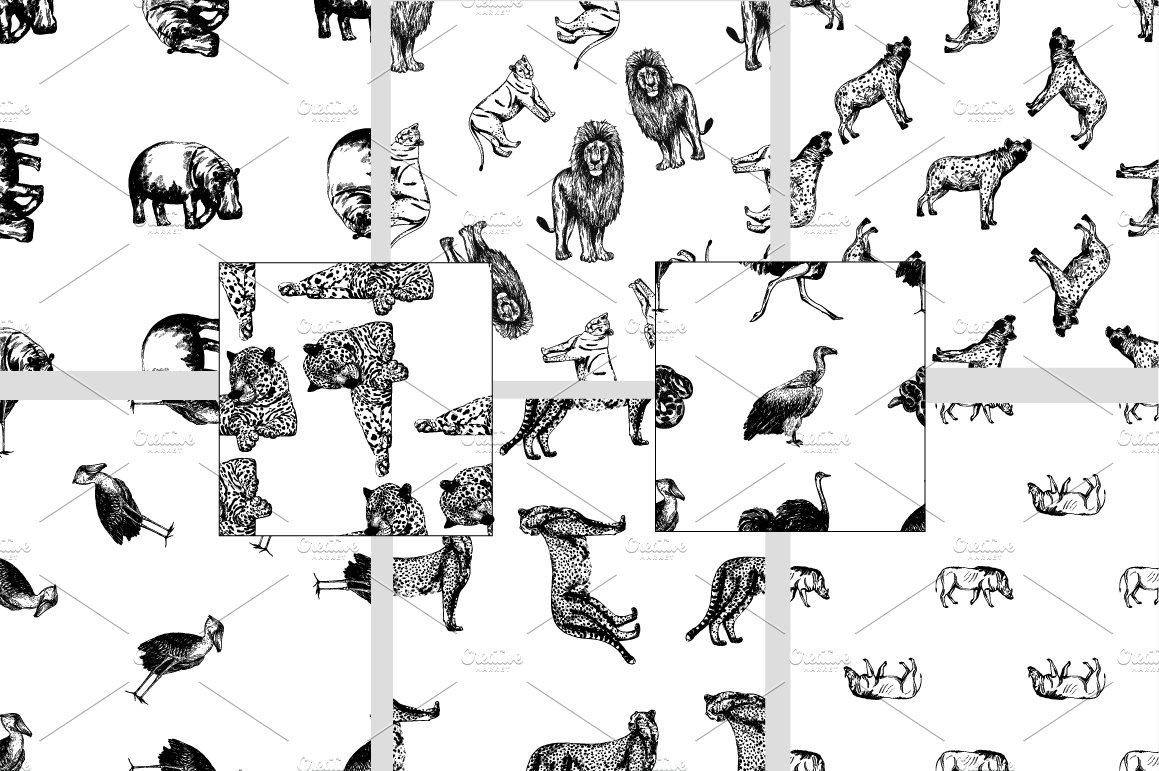 Black and white seamless patterns with different wild animals.