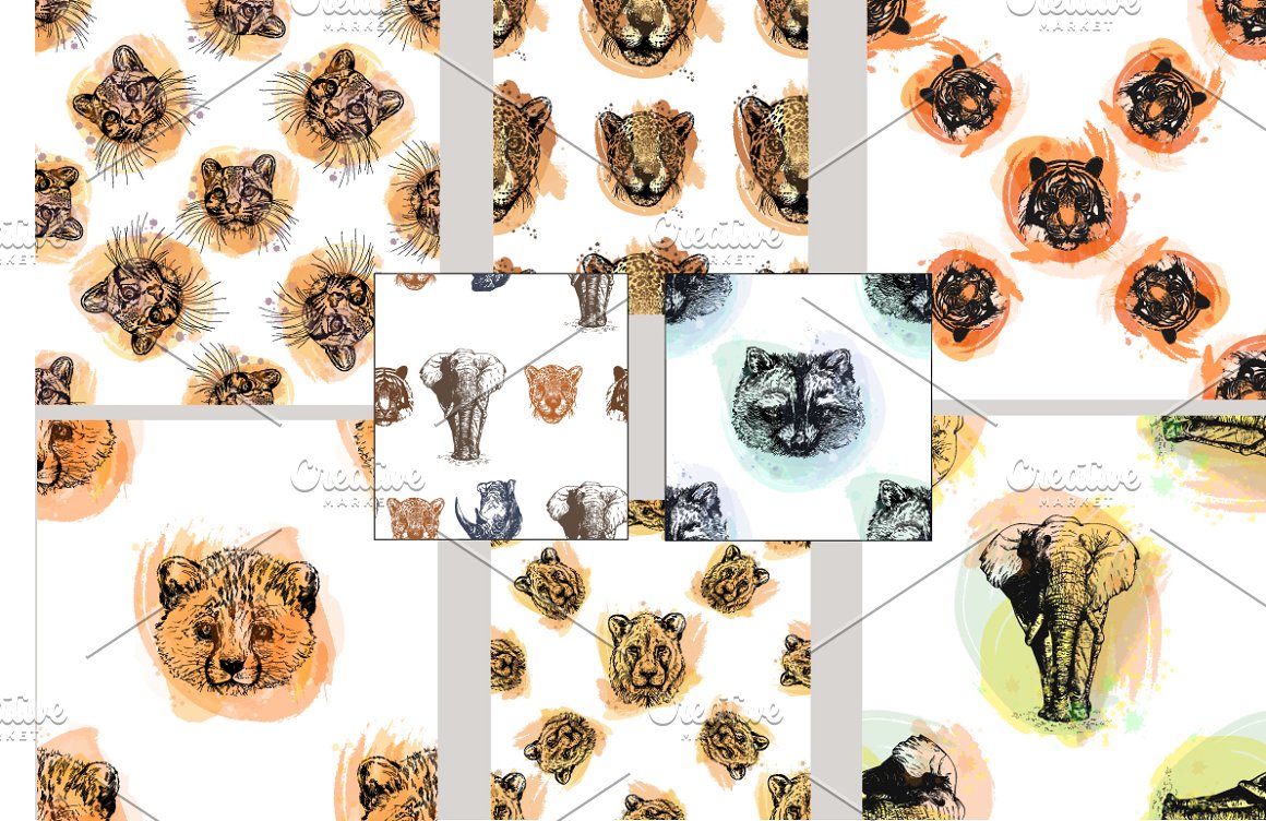 Collection of colorful seamless patterns with animal faces on a gray background.