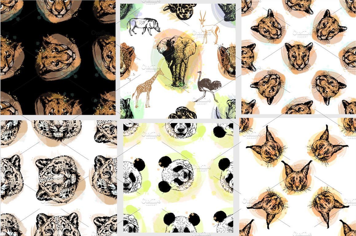 6 different colorful patterns with animal faces on a gray background.