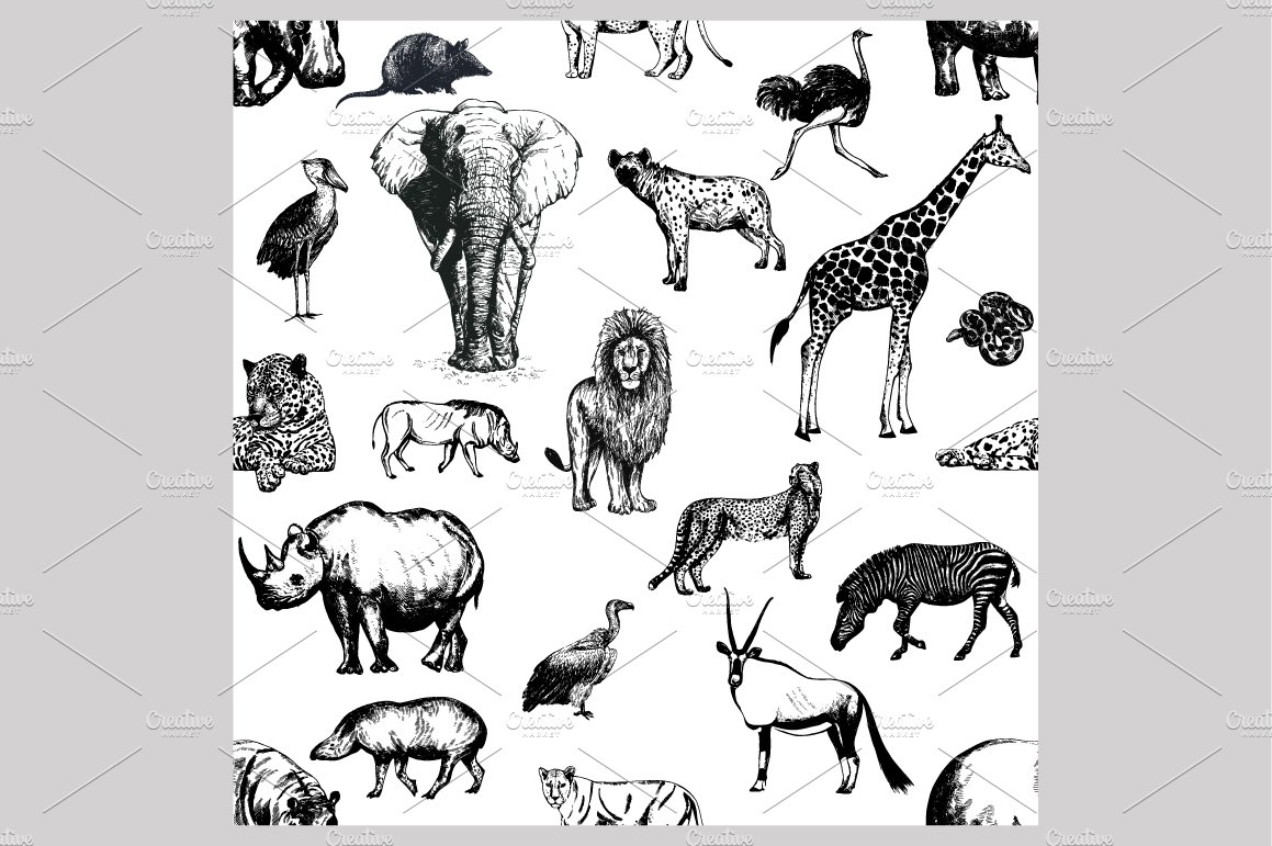 Graphic seamless pattern with wild animals on a white background.