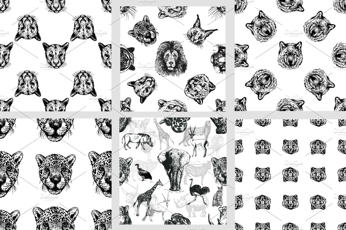 A set of 6 graphic seamless patterns with animal faces on a gray background.
