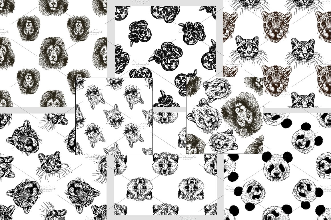 Graphic pattern kit with animals faces in black and white.