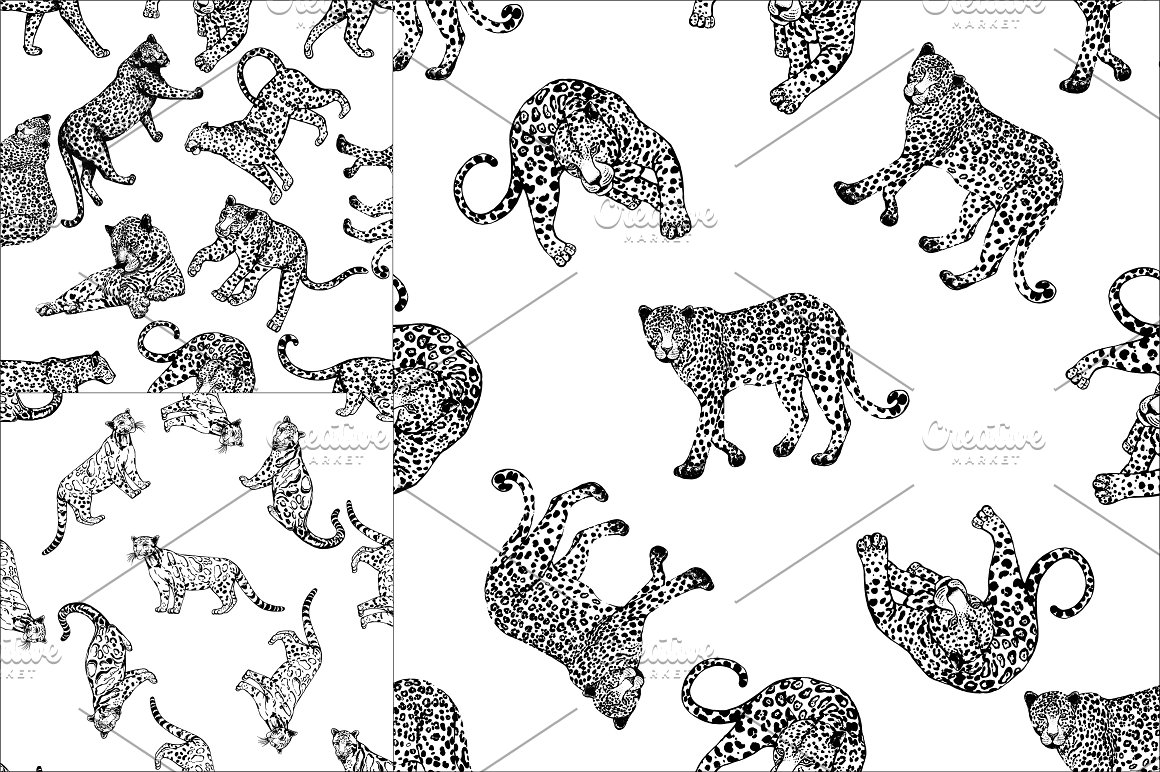 3 black and white seamless patterns with leopards.