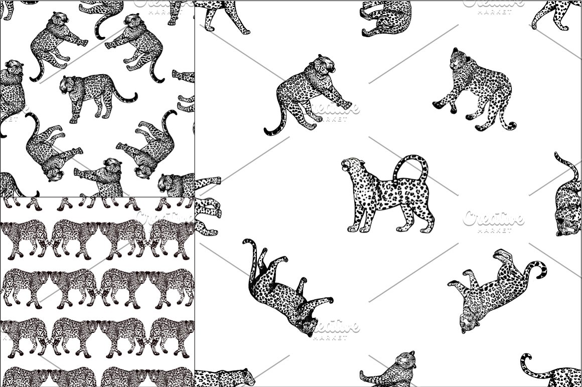 A set of 3 different seamless patterns of leopards on a white background.