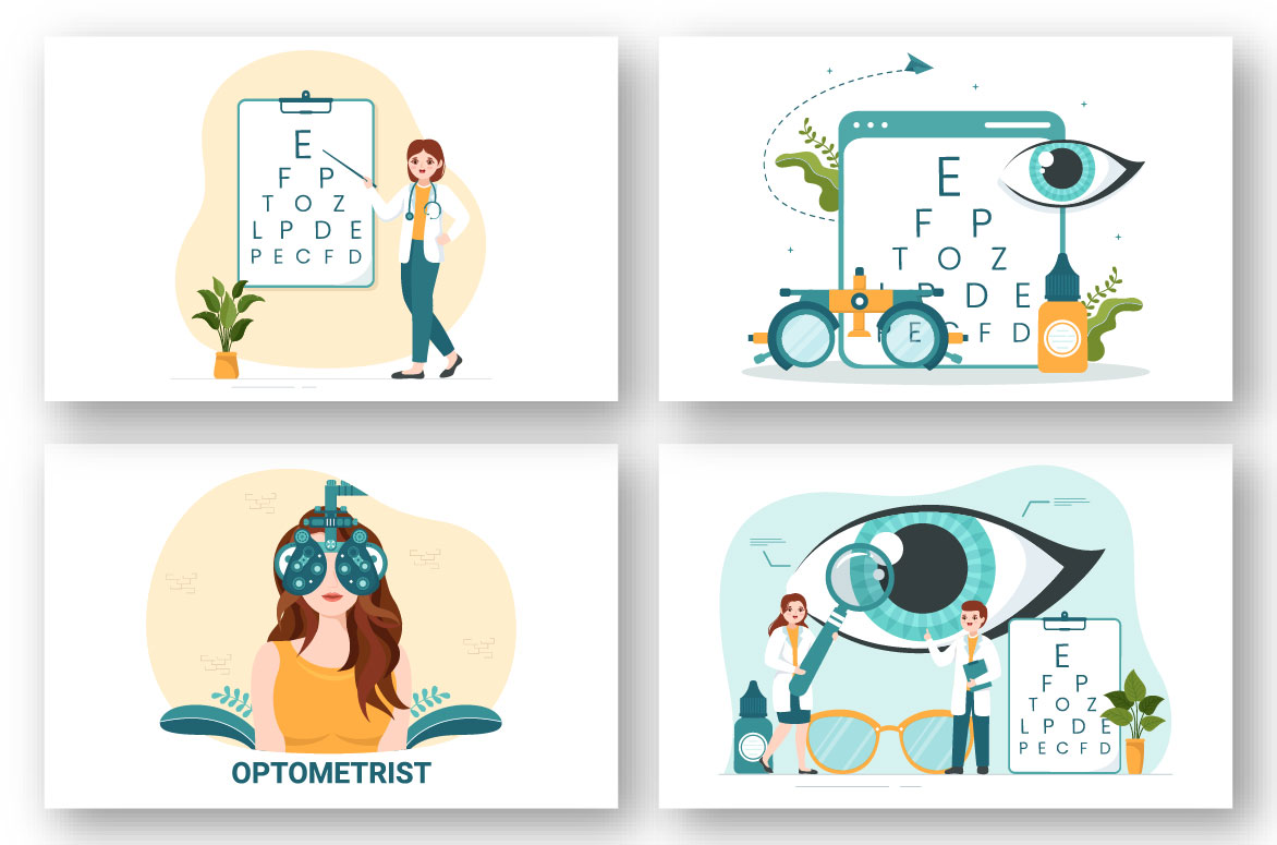 A selection of cartoon images on the topic of vision and an ophthalmologist