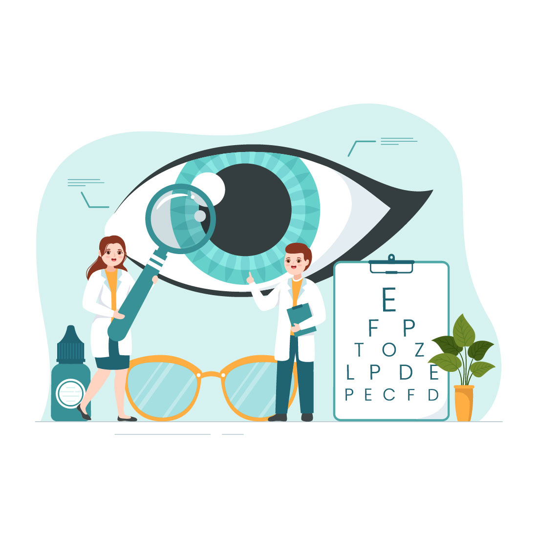 Colorful image of eye and oculist doctors