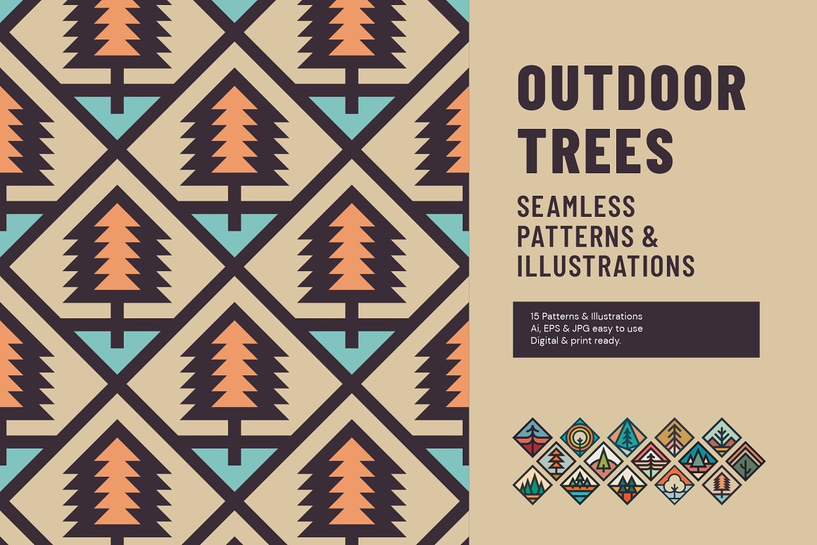 Brown lettering "Outdoor Trees Seamless Patterns & Illustrations" on a beige background and illustration of tree pattern.