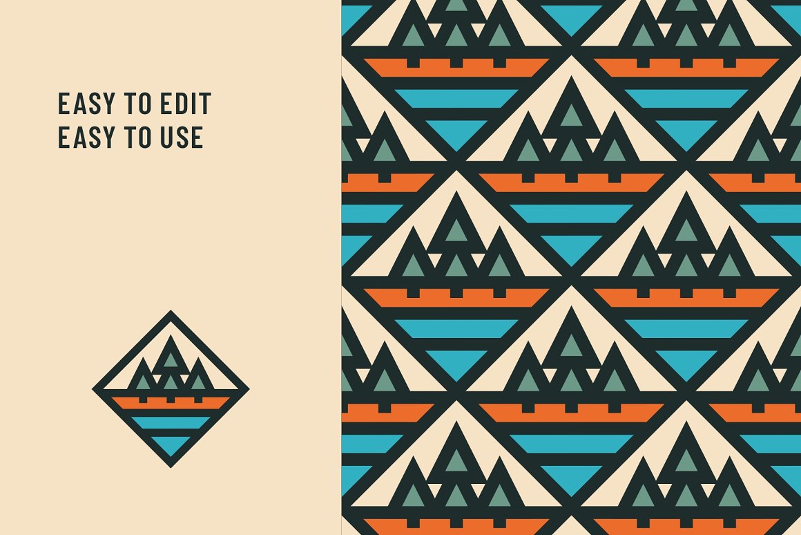 Lettering "Easy to edit easy to use" on a beige background, illustration and pattern of trees.