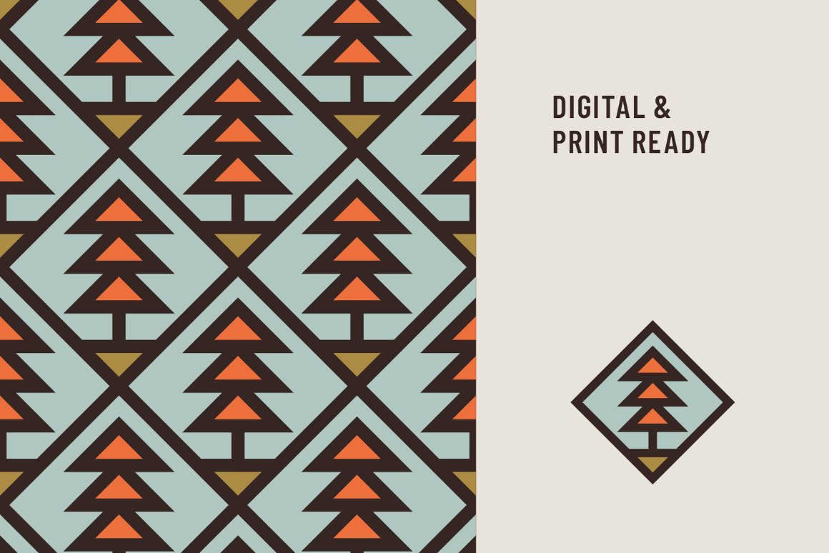Outdoor trees pattern, illustration of tree and lettering "Digital & Print Ready" on a gray background.