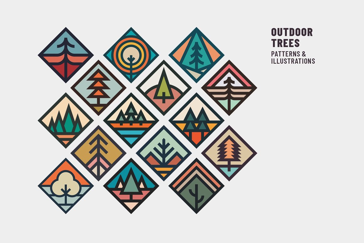Collection of 15 different illustrations of outdoor trees on a gray background.