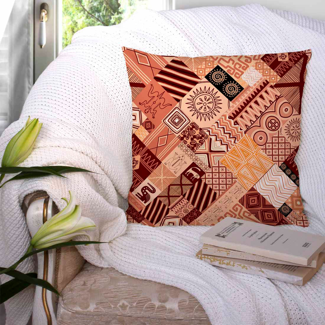 Image of a pillow with charming patterns in African style.