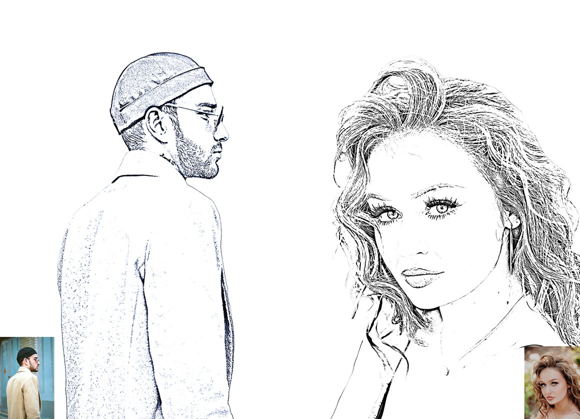 Exquisite outline portraits of a man and a girl.