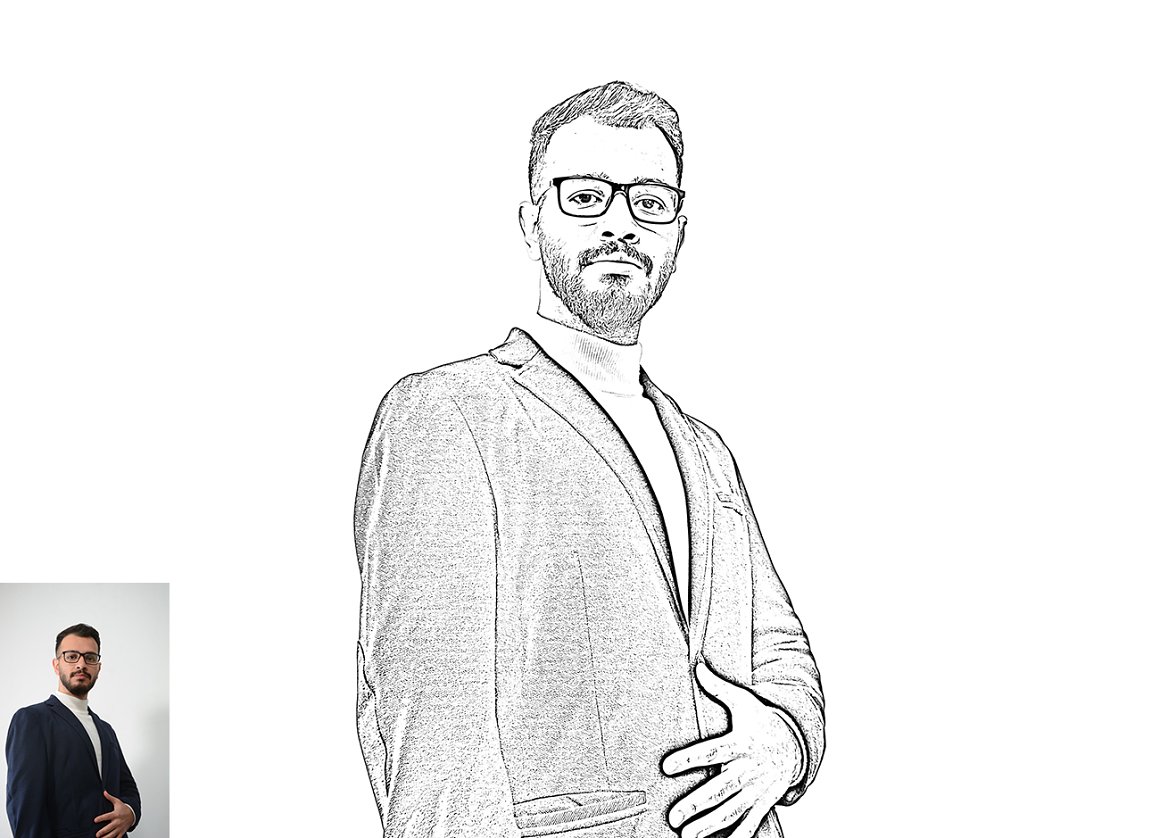 Amazing outline portrait of a man with glasses and a coat.