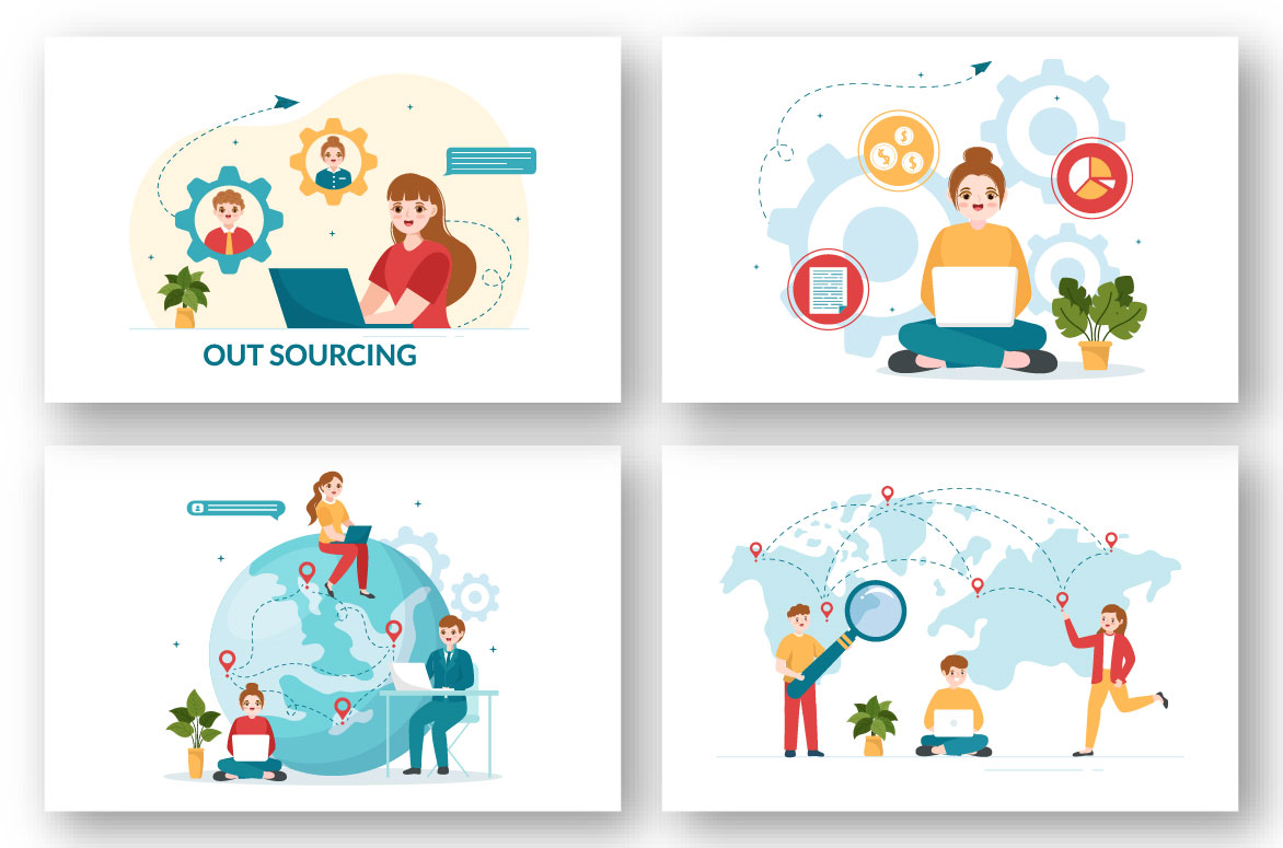 Light blue and other colors accents on outsourcing illustrations.