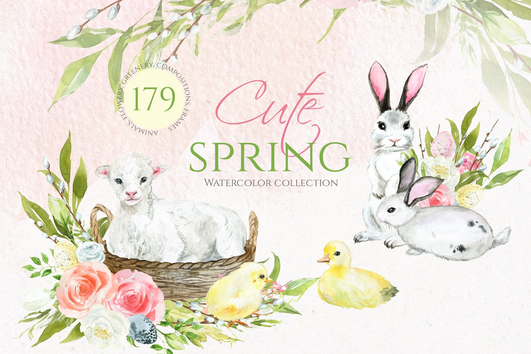 This is a watercolor collection of cute spring cliparts.