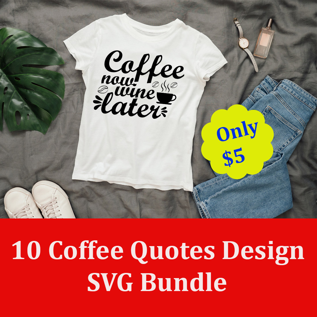 Image of a white t-shirt with an elegant inscription Coffee now wine later