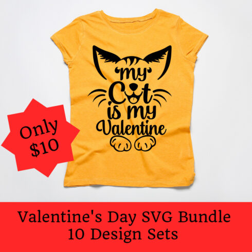 Image of a yellow T-shirt with a beautiful inscription My cat is my valentine