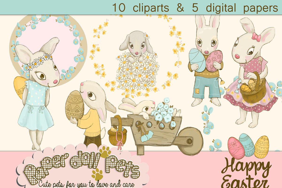 Cover image of Happy Easter Bunnies Clipart.