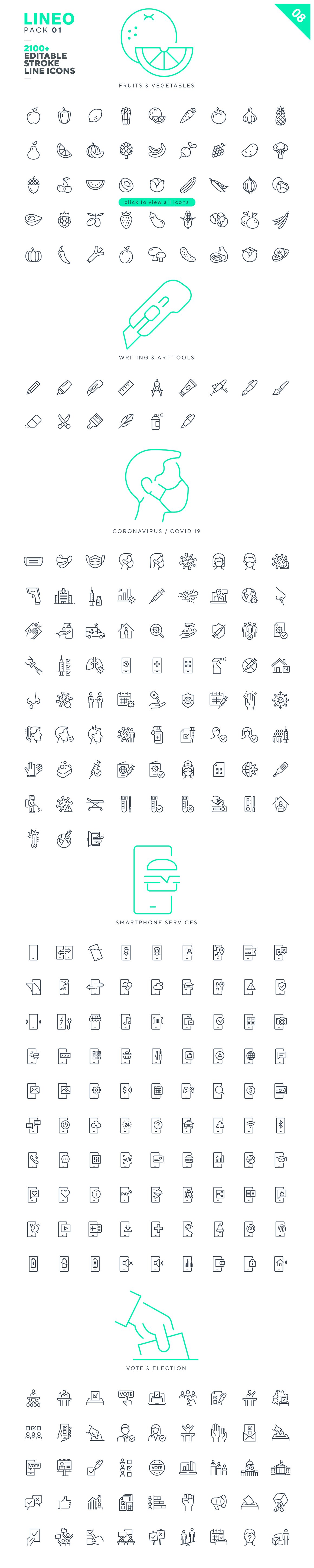 Fruits & Vegetables, Writing & Art tools, Coronavirus & Covid 19, Smartphone services and Vote & Election icons on a white background.