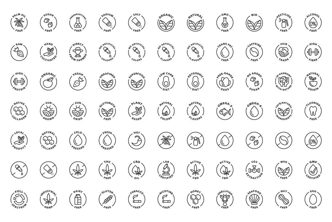 A set of different black product labels icons on a white background.