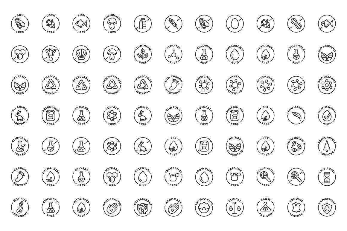 Collection of black product labels icons on a white background.