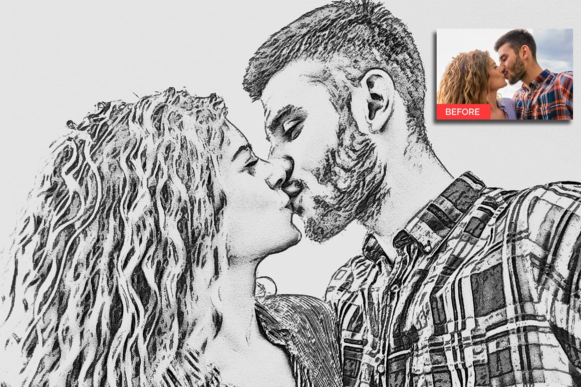Exquisite pencil drawing of couple kissing.