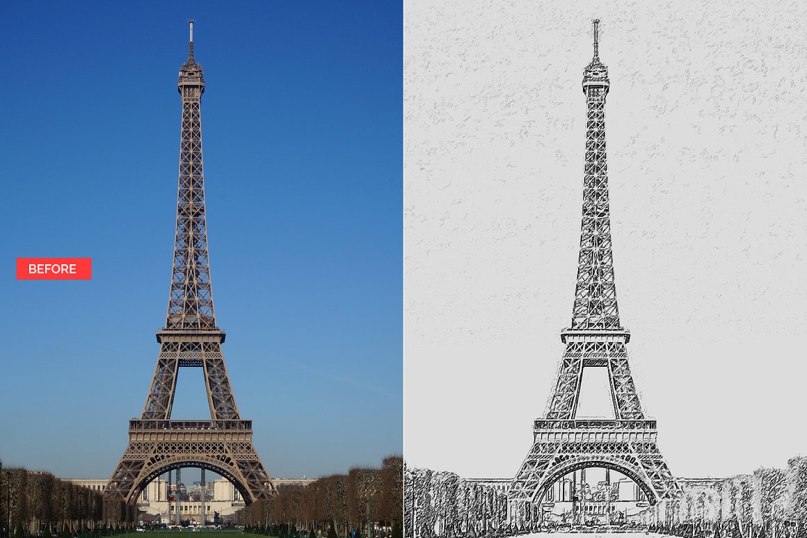 Unique image of the Eiffel Tower drawn in pencil.