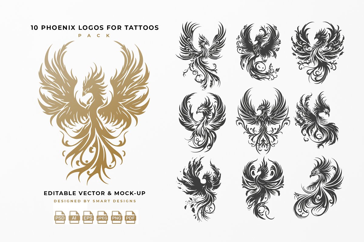 Cover image of Phoenix Logos for Tattoos Pack x10.