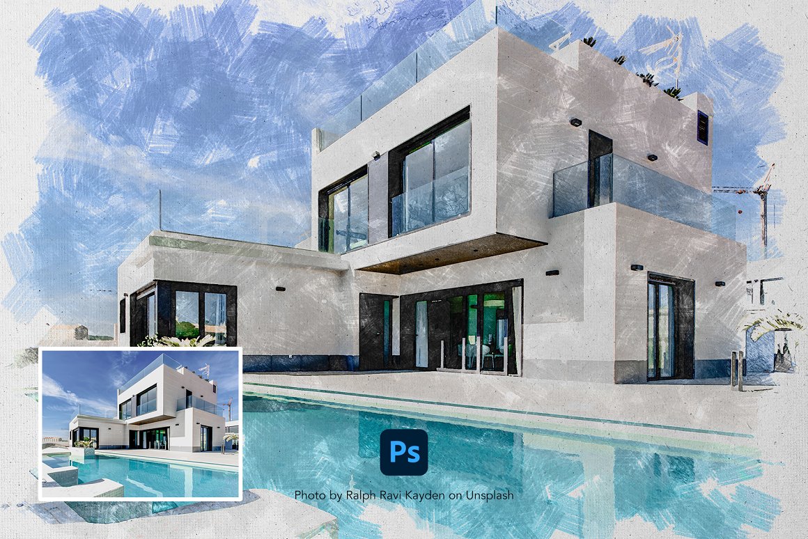 Colorful picture of villa with sketch effect.