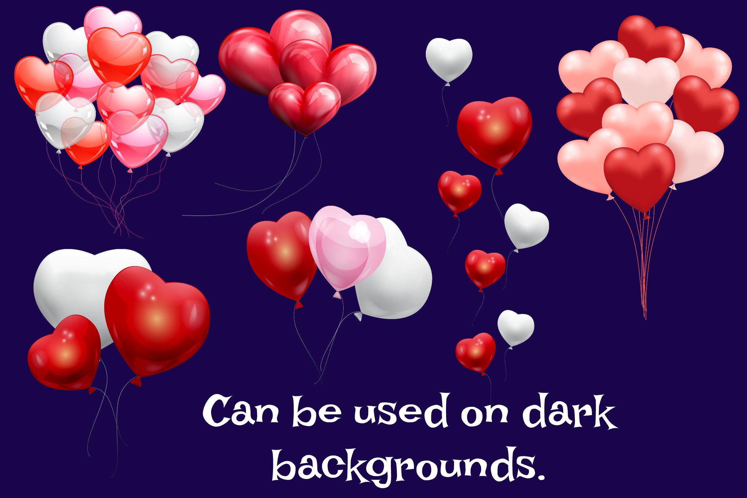 Dark blue background with bright heart balloons.