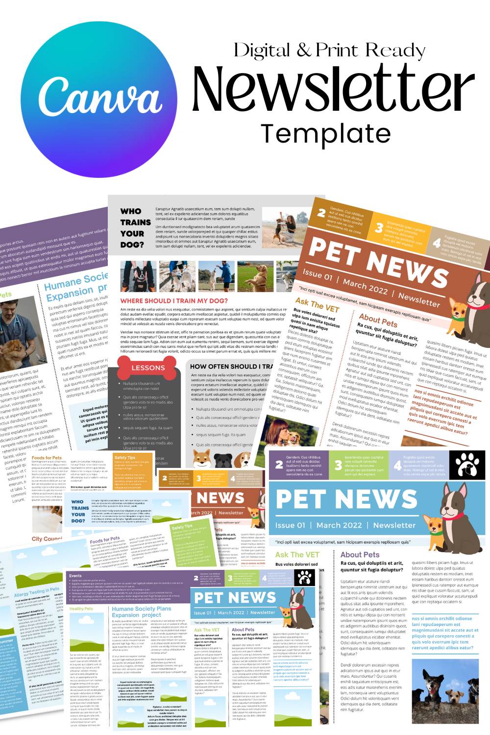 Pet Care Newsletter Canva Template pinterest image.