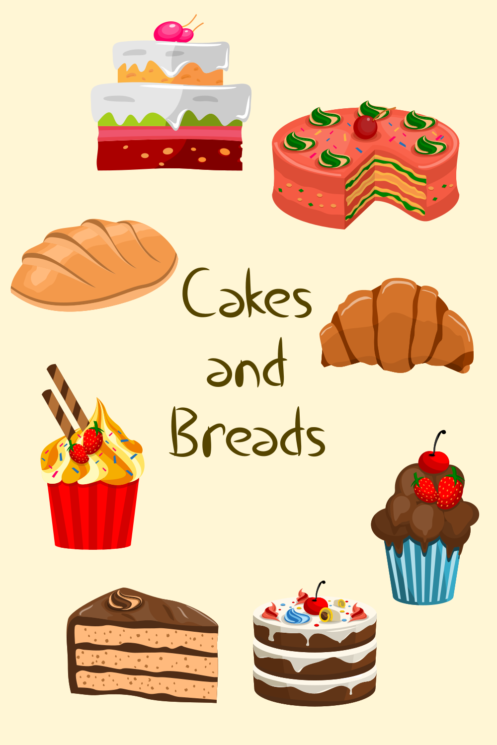 Breads and Cakes Vector Graphic Illustration pinterest image.