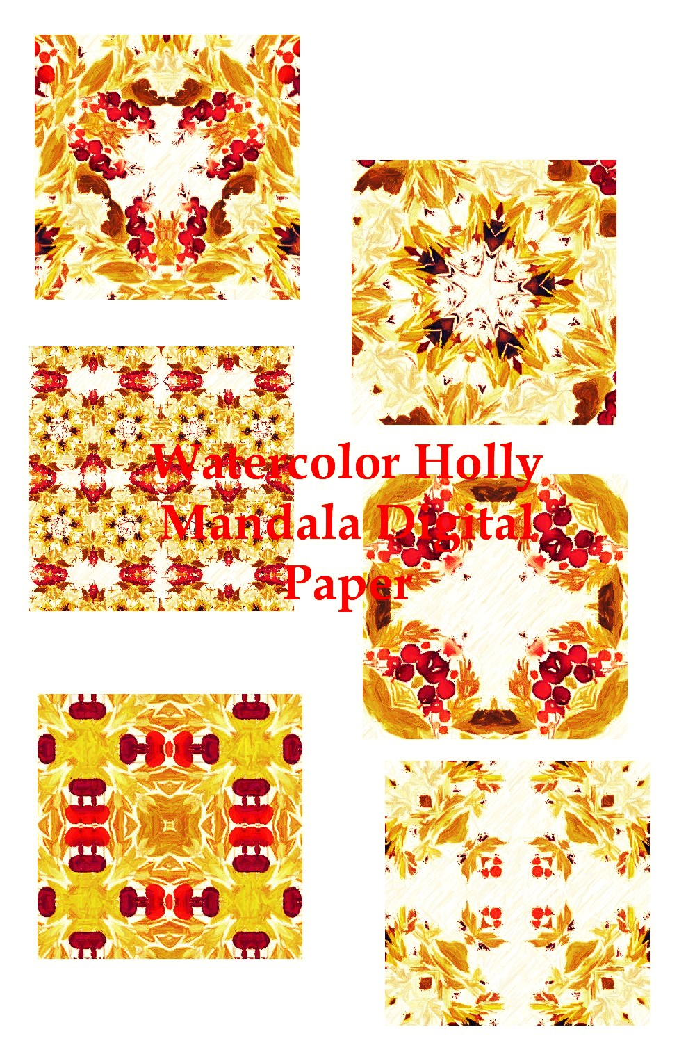 Watercolor Holly Mandala Digital Paper pinterest image.