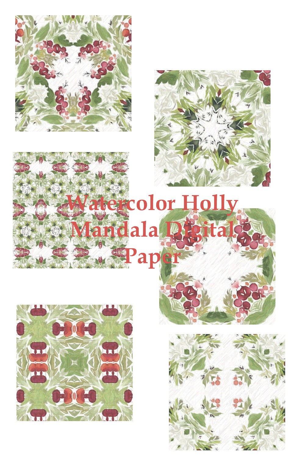 Watercolor Holly Mandala Digital Paper Design pinterest image.