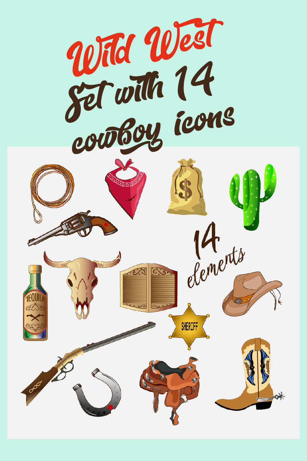 Cowboy Icons Wild West Set Design pinterest image.