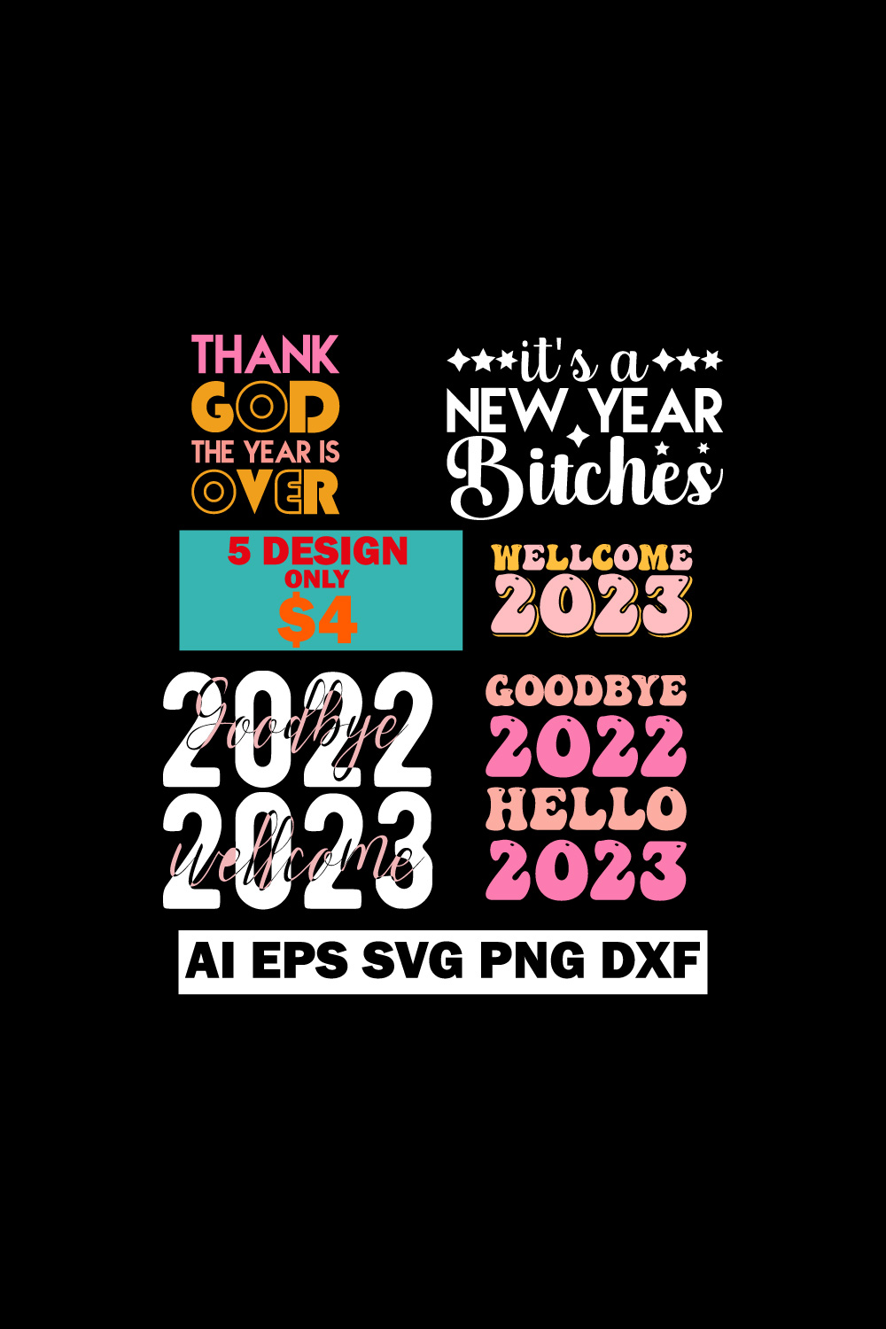 Happy New Year 2023 T-Shirt Bundle Pinterest image.