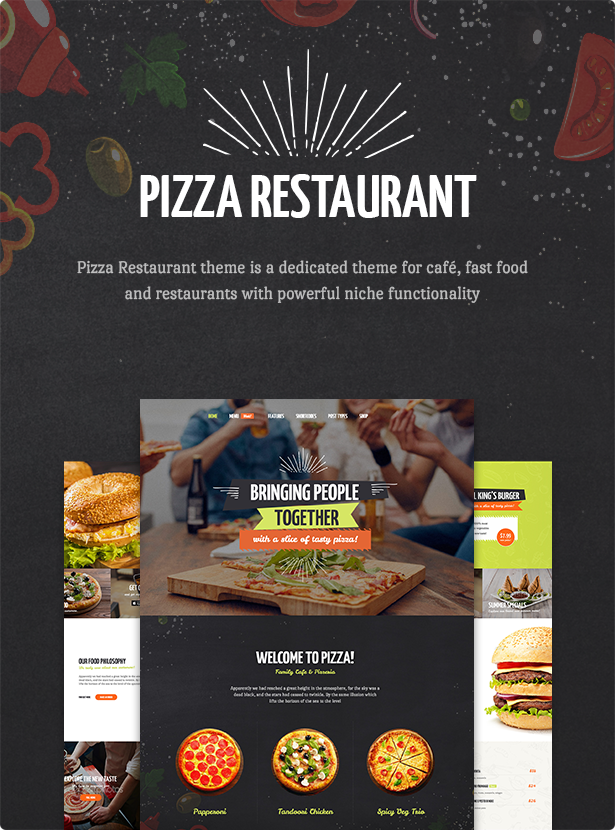 A set of gorgeous fast food and pizzeria themed WordPress template pages.