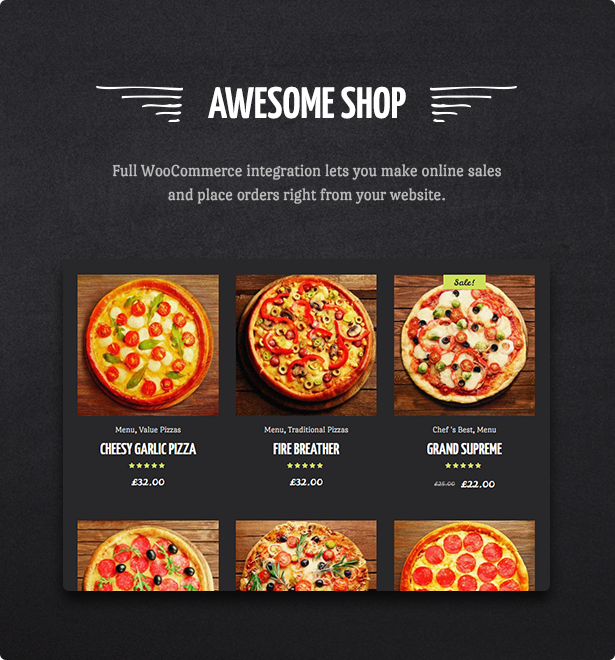 Image of the page with the menu of the pizzeria of the WordPress template.