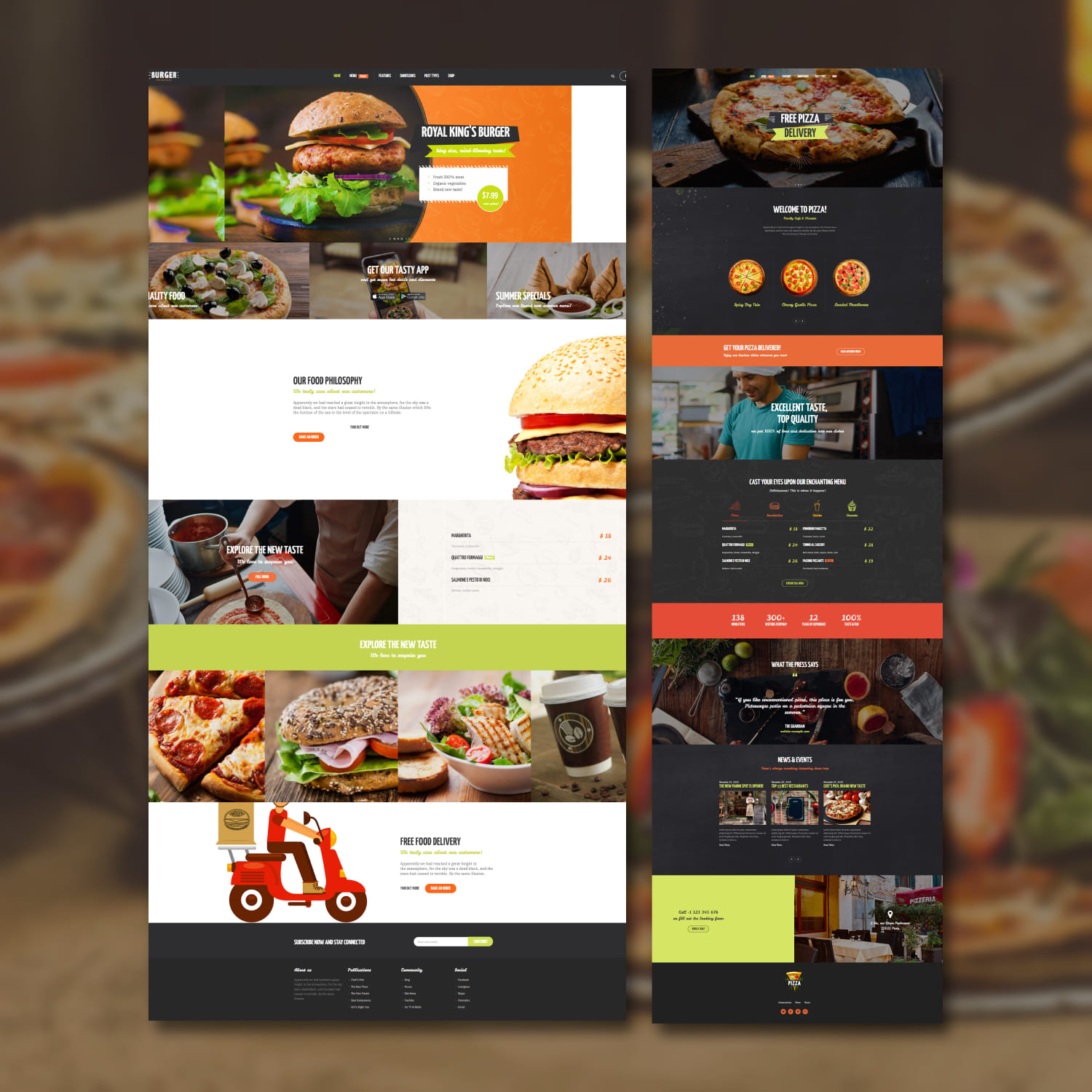 A selection of colorful pages of the WordPress template on the theme of fast food and pizzeria.