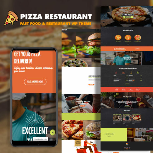 A pack of beautiful pages of the WordPress template on the theme of fast food and pizzeria.