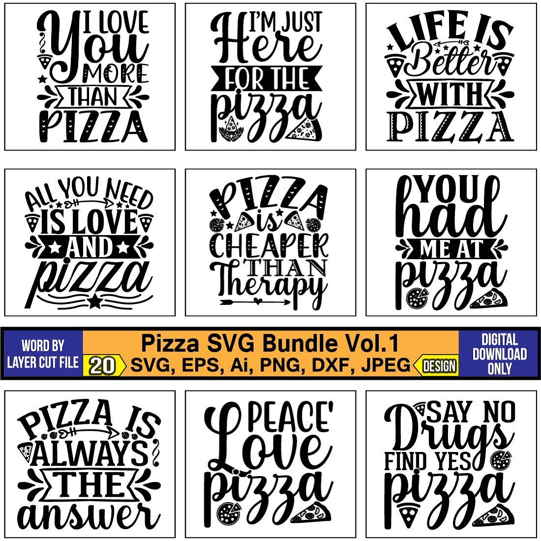 A pack of charming images for prints on the theme of pizza.