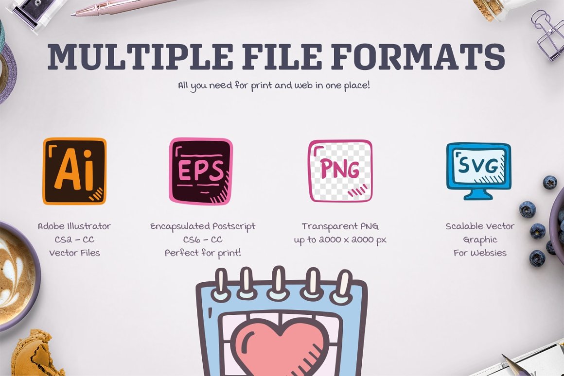Black "Multiple file formats" lettering and 4 icons of different formats on a gray background.