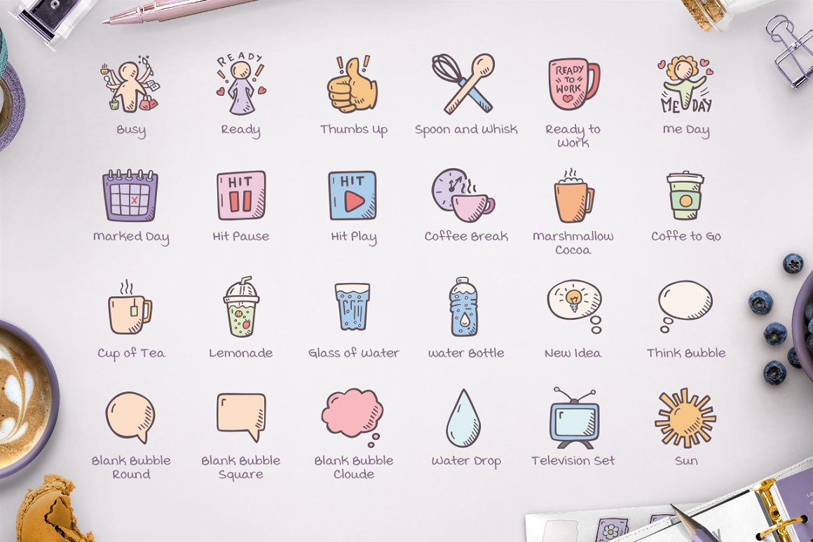 A set of different planner hand drawn icons on a gray background.
