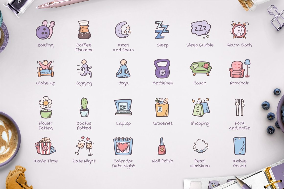 Colorful kit of planner hand drawn icons on a gray background.