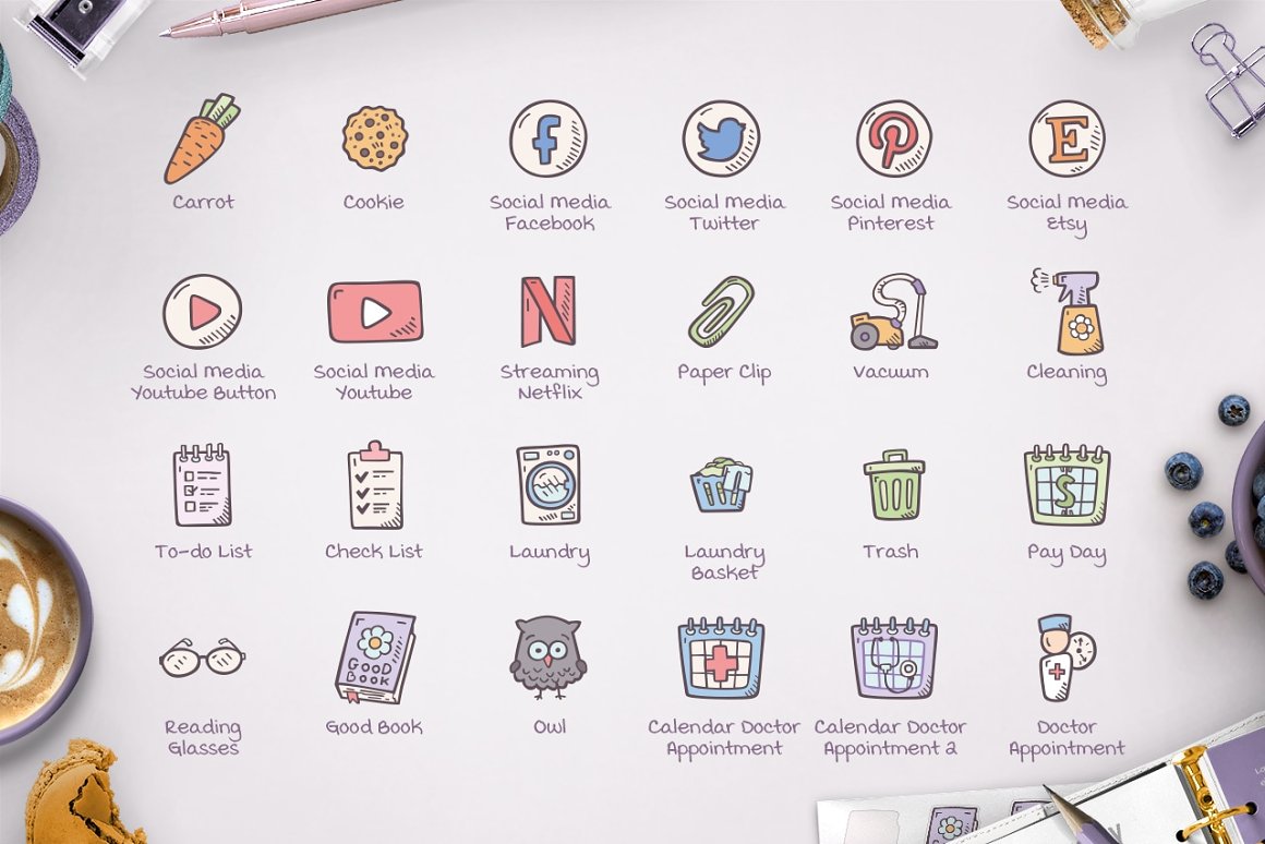Clipart of colorful planner hand drawn icons on a gray background.